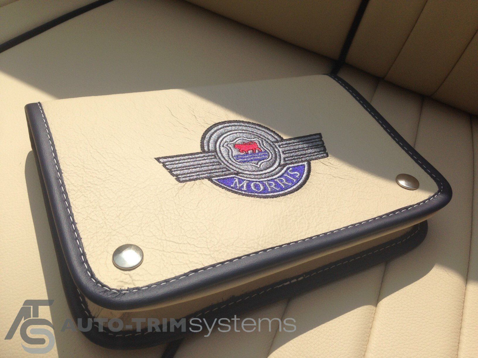 Customised Morris Minor document folder in custom cream leather and blue styling