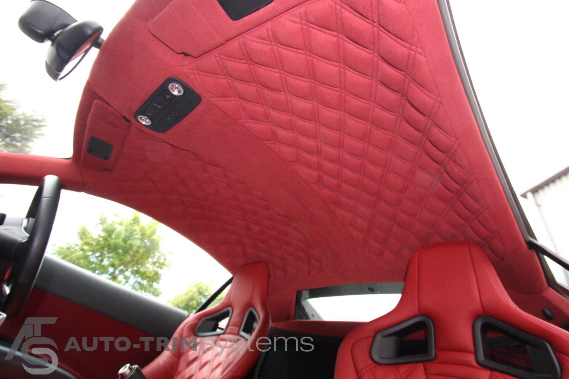Red quilted leather headlining with diamond stitch