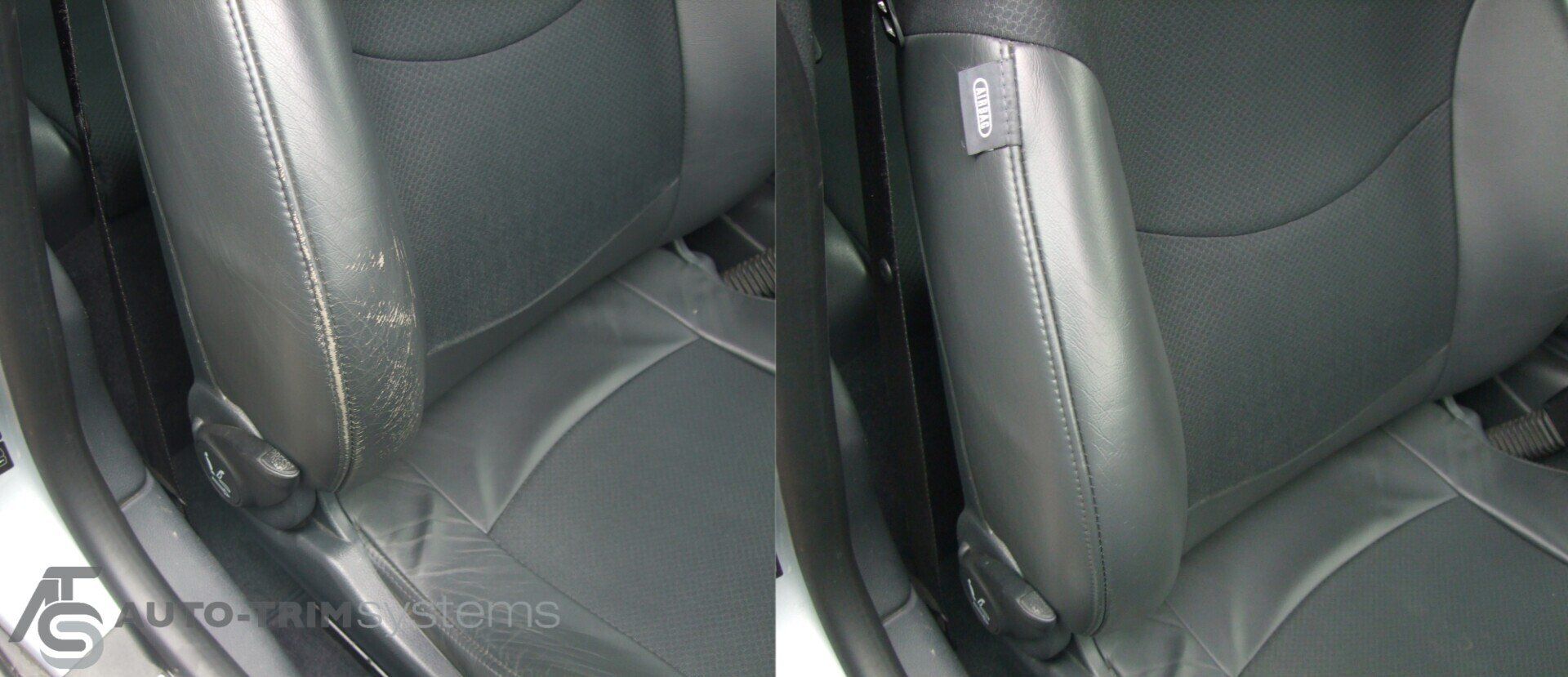 Repair and recolouring made to damaged leather seat panel