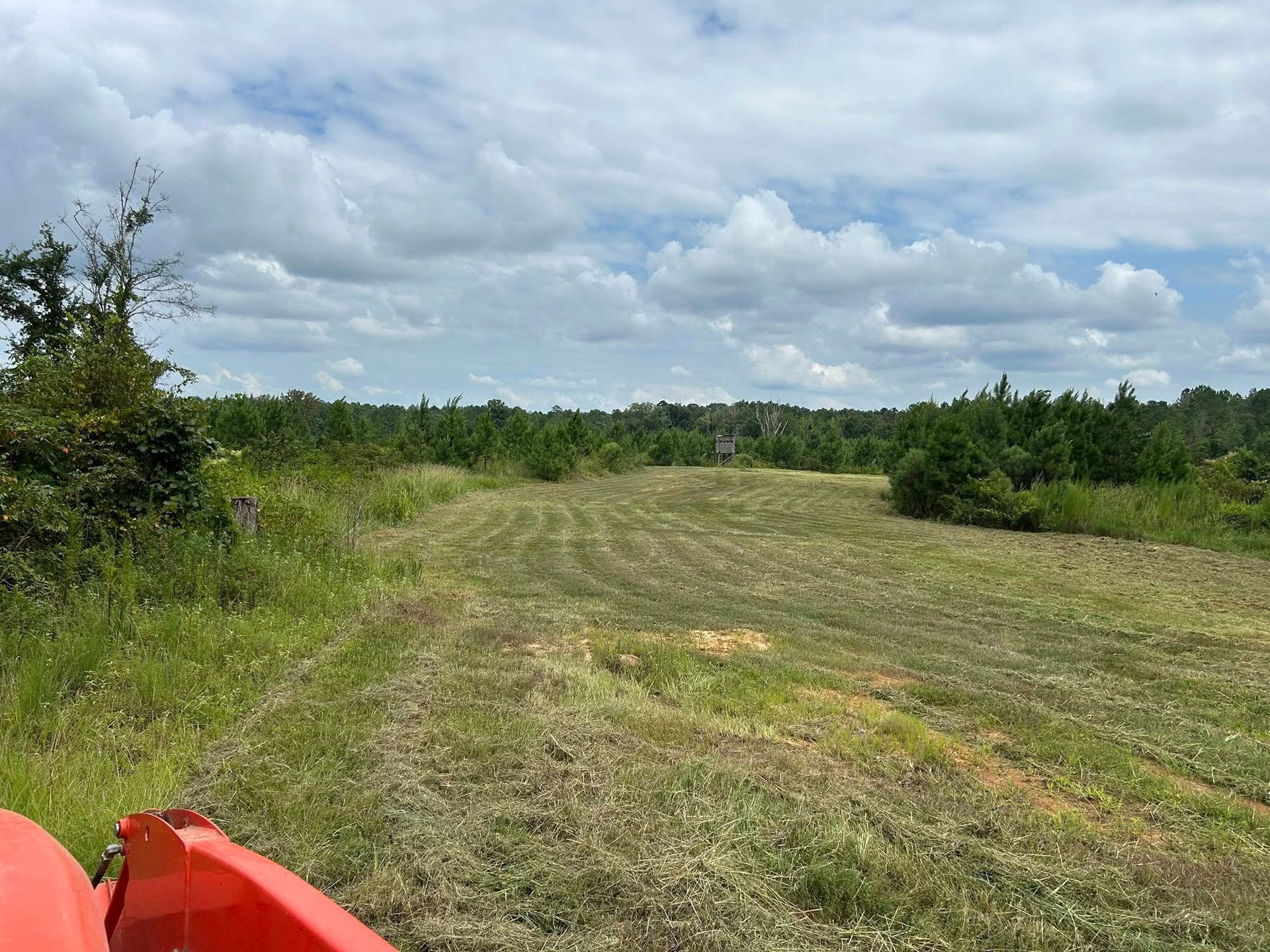 A field partially mowed with a tractor, surrounded by trees under a cloudy sky. Green grass and an orange tractor hood are visible.