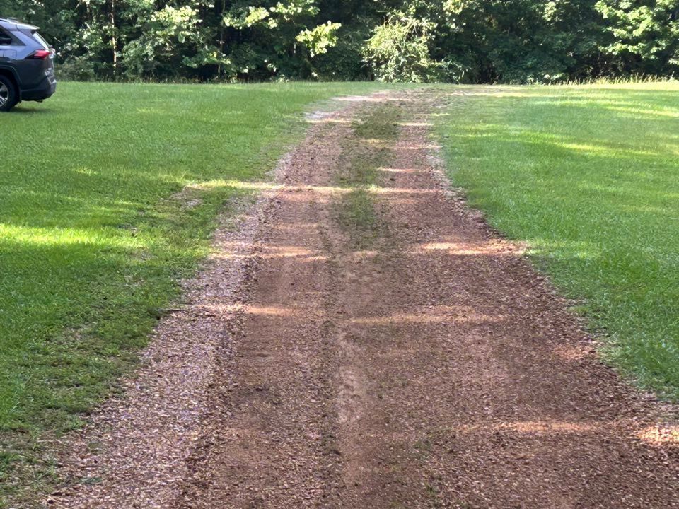 A gravel driveway through green grass, with visible tire tracks. A car is parked on the left side.