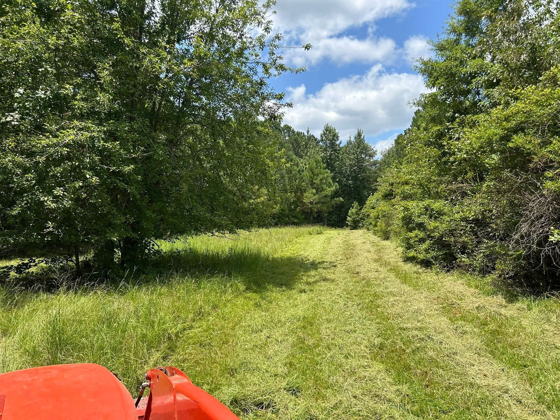 A tractor mows a grassy path through a green field bordered by trees under a blue sky with clouds.