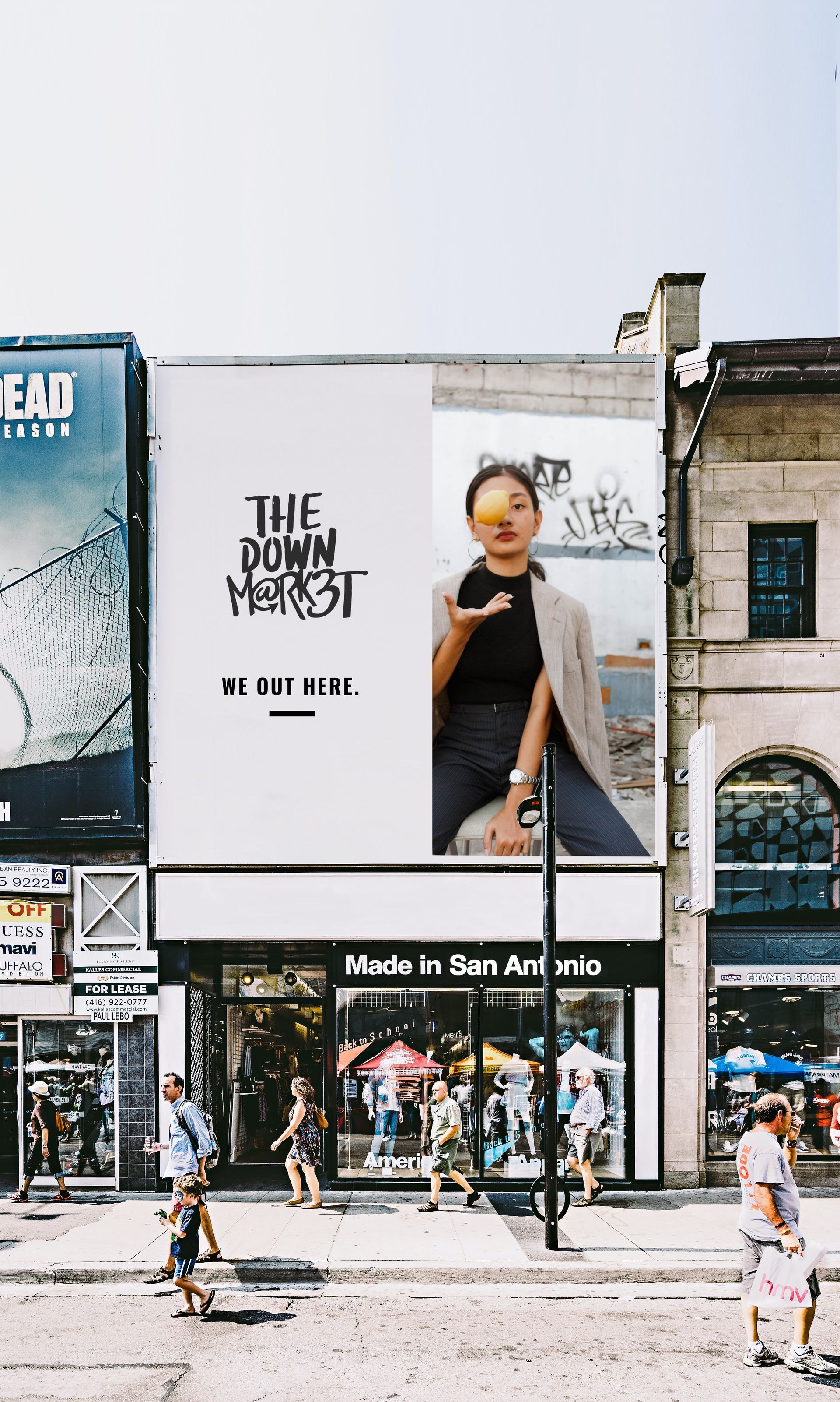 A large billboard on the side of a building that says the down west