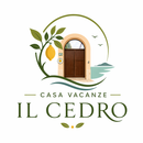 Logo per Casa Vacanze Il Cedro con porta in legno, albero di limoni e cerchio verde oliva.