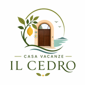 Logo per Casa Vacanze Il Cedro con porta in legno, albero di limoni e cerchio verde oliva.