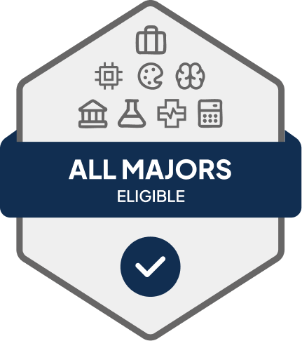 Badge with blue banner: 