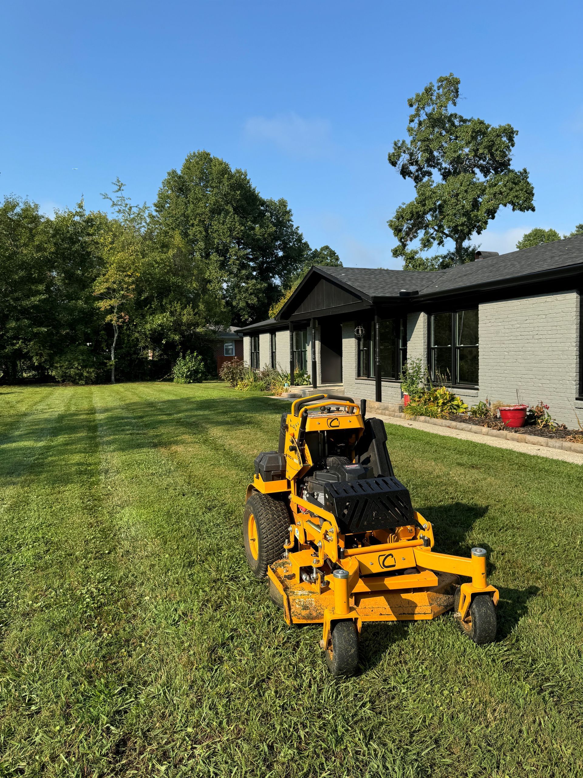A garden with a table and chairs and potted plants
