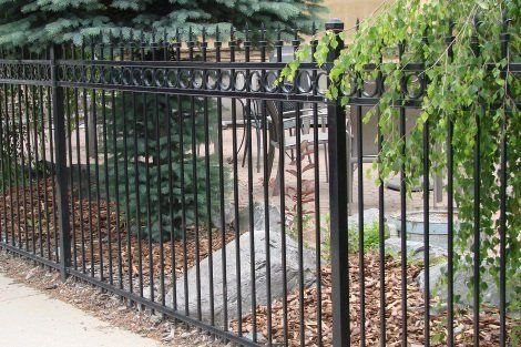 A black wrought iron fence surrounds a yard with trees and rocks.