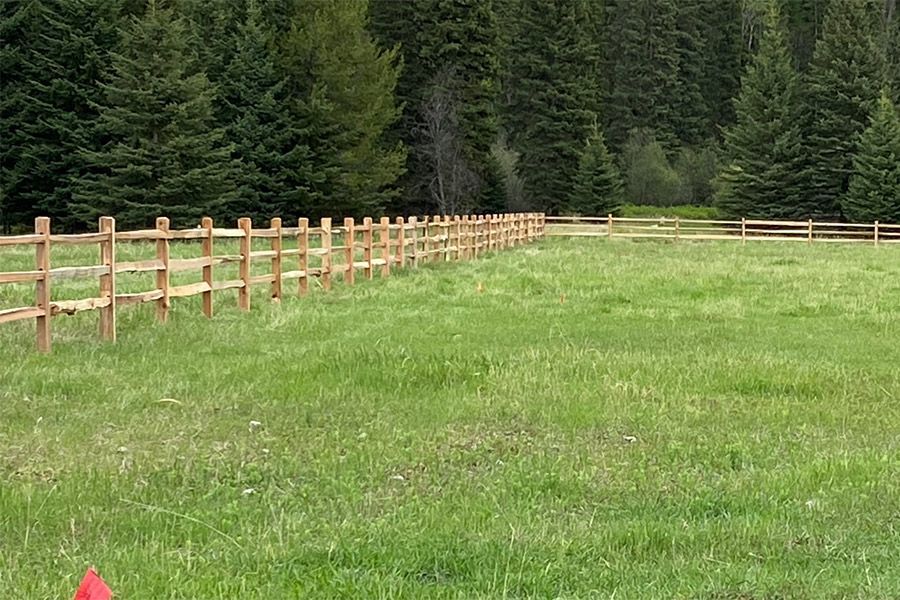 A wooden fence surrounds a grassy field with trees in the background.