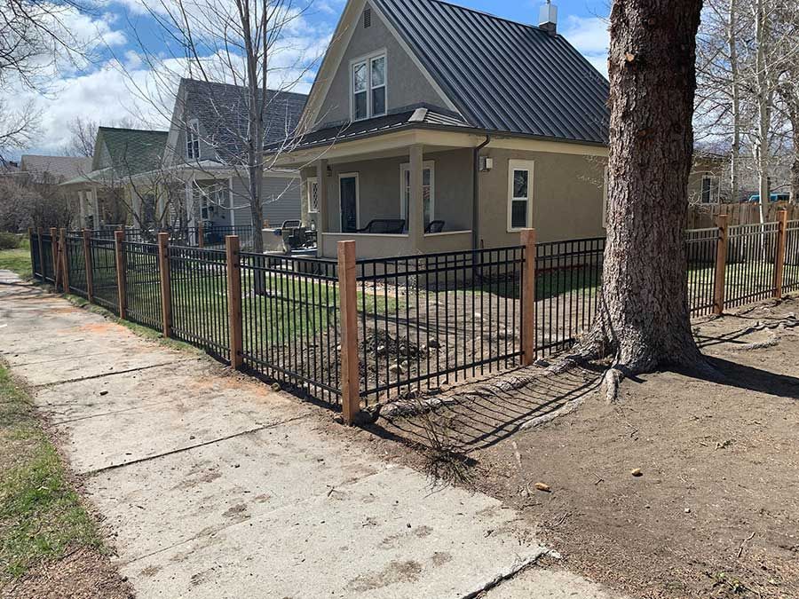 A house with a metal fence around it and a tree in front of it.