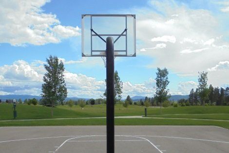 A basketball hoop in a park with trees in the background