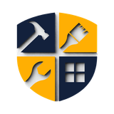 Logo with a shield shape divided into four quadrants: hammer, paintbrush, wrench, and window, colored navy and gold.
