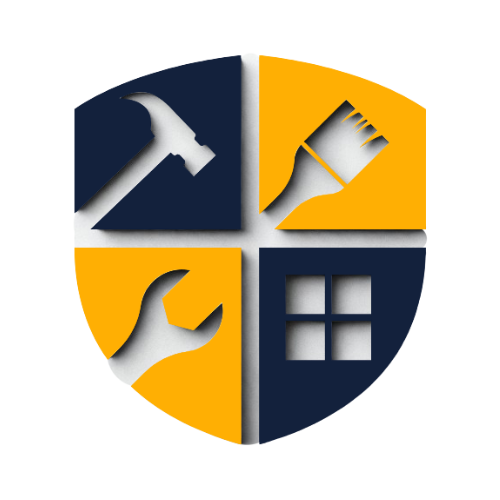 Logo with a shield shape divided into four quadrants: hammer, paintbrush, wrench, and window, colored navy and gold.