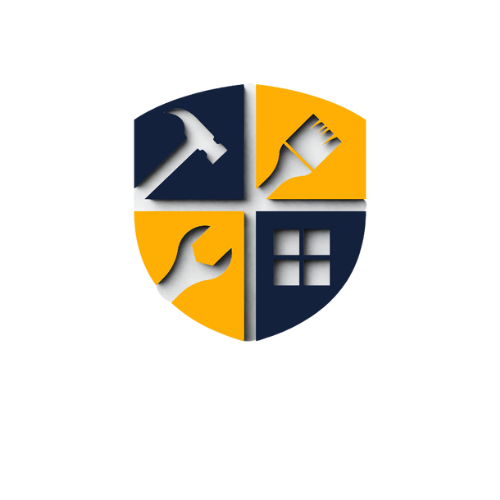 Logo: Shield divided into four sections, with a hammer, paintbrush, wrench, and house icon. Blue and gold color scheme.