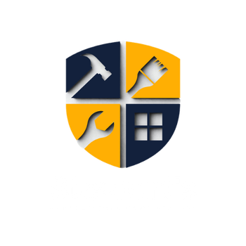 Logo: Shield divided into four sections, with a hammer, paintbrush, wrench, and house icon. Blue and gold color scheme.