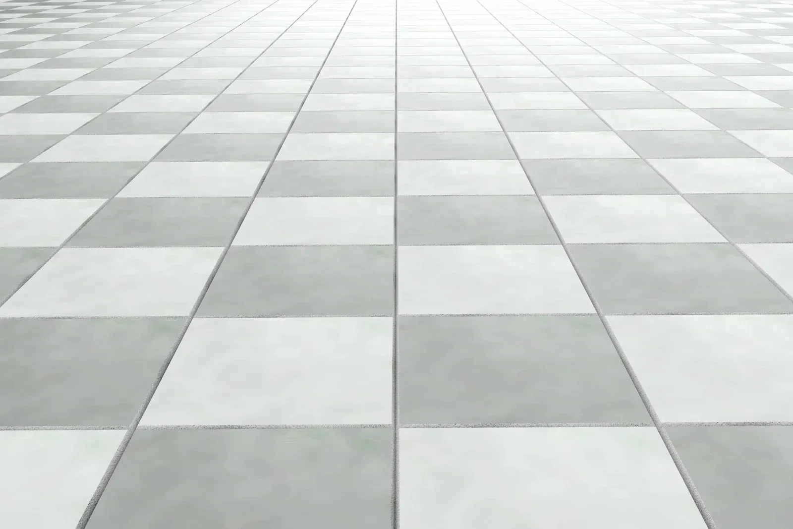 A close up of a gray and white checkered tile floor.