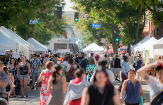 Crowd at an outdoor festival with vendor tents, walking on a street lined with trees, sunny day.