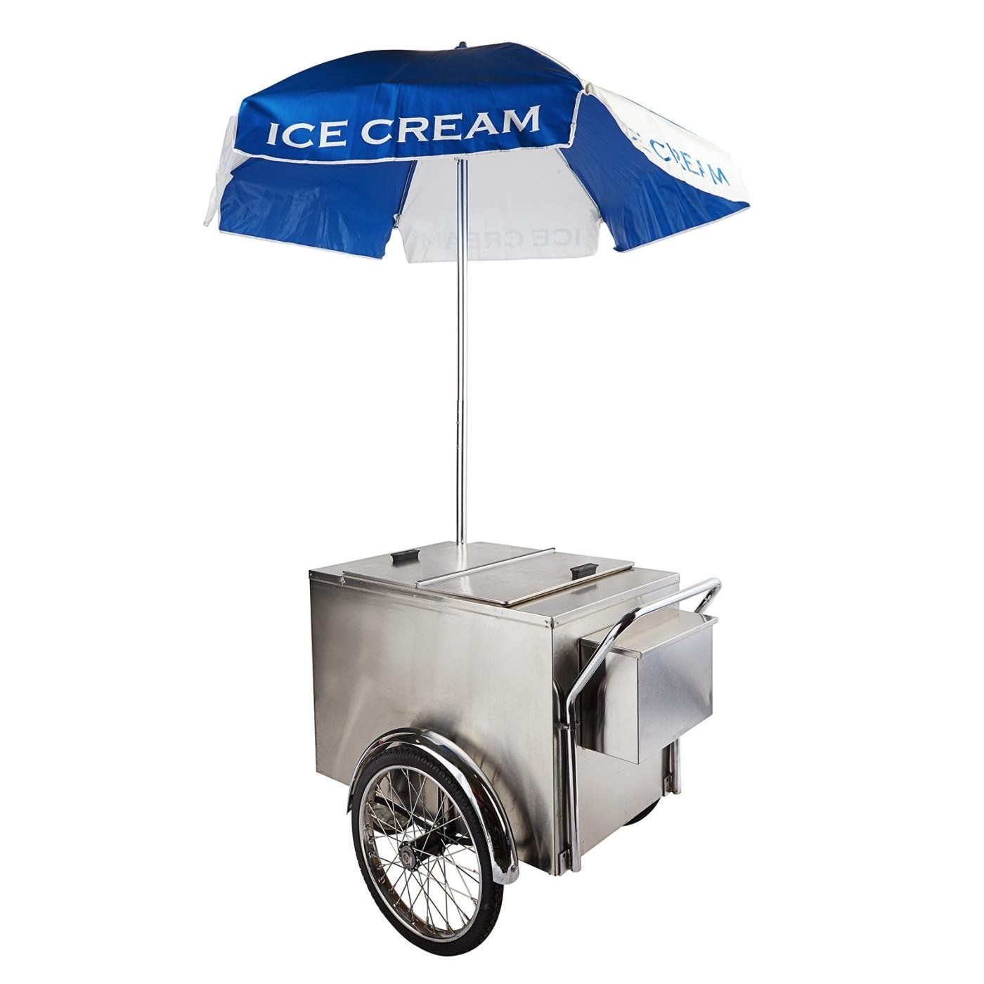 A stainless steel ice cream cart with a blue and white umbrella.