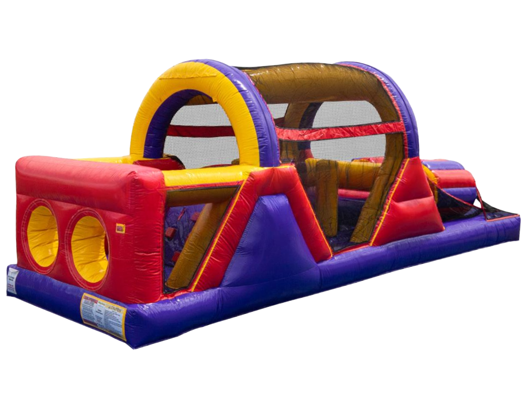 A red, yellow and purple inflatable obstacle course.