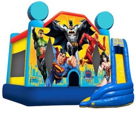 A bouncy house with the justice league on it