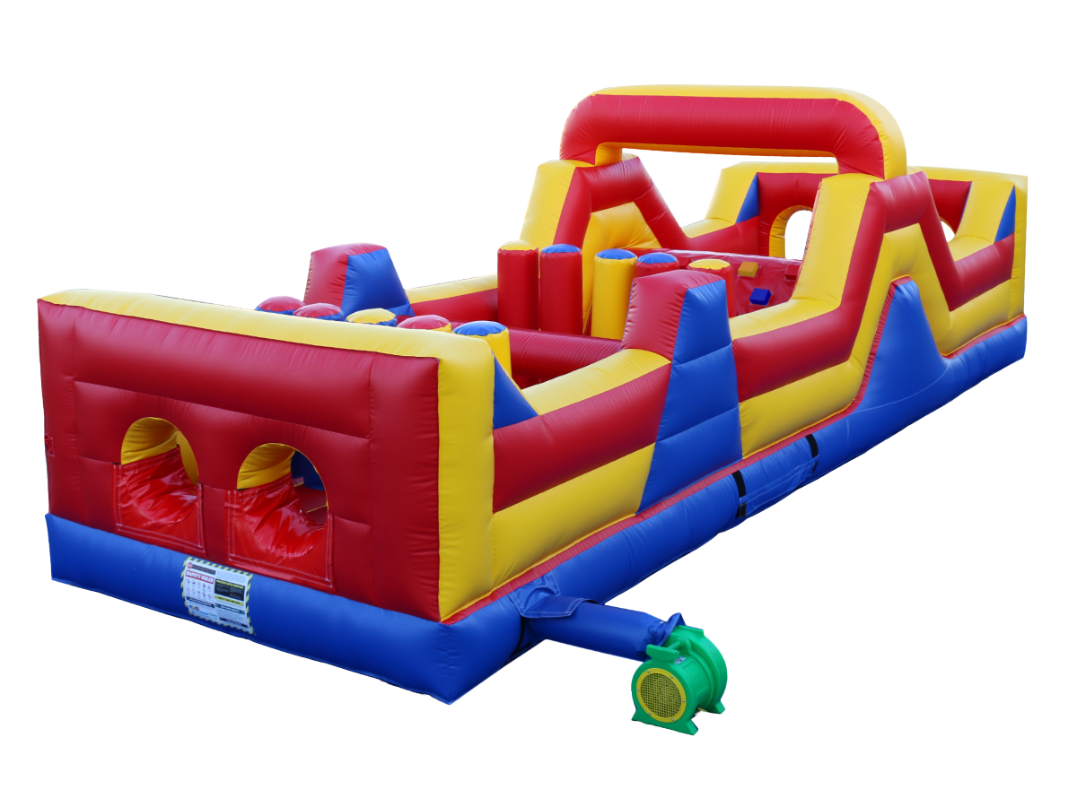 A red, yellow and blue inflatable obstacle course.