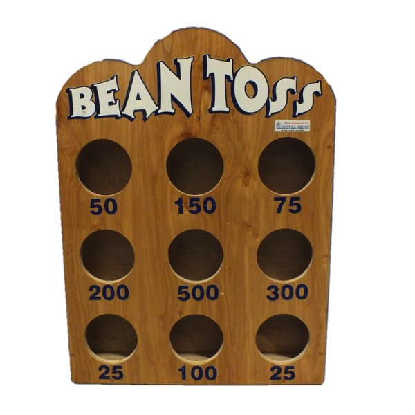 A wooden bean toss game with holes in it