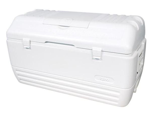 A white igloo cooler with the lid open
