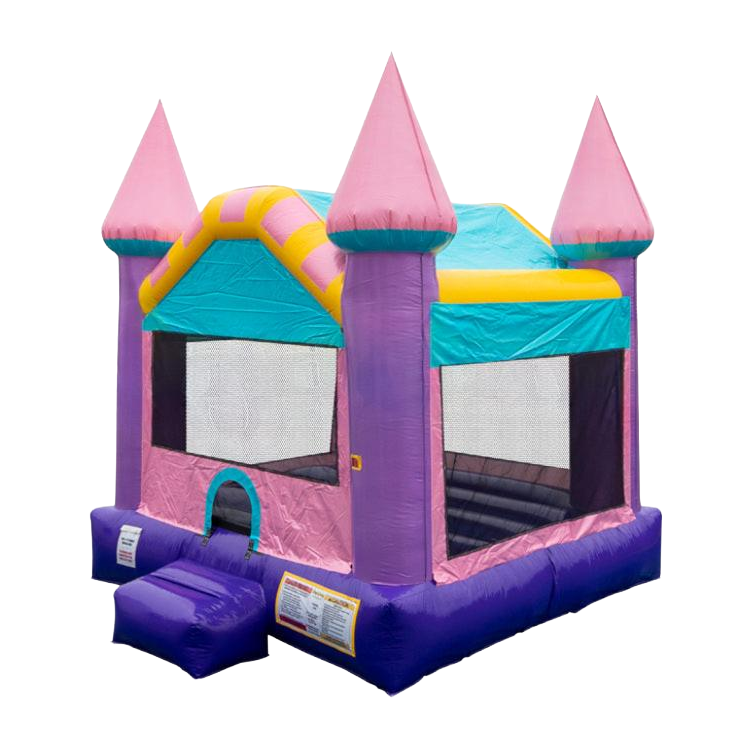 A pink and purple bouncy house is sitting on a white surface.