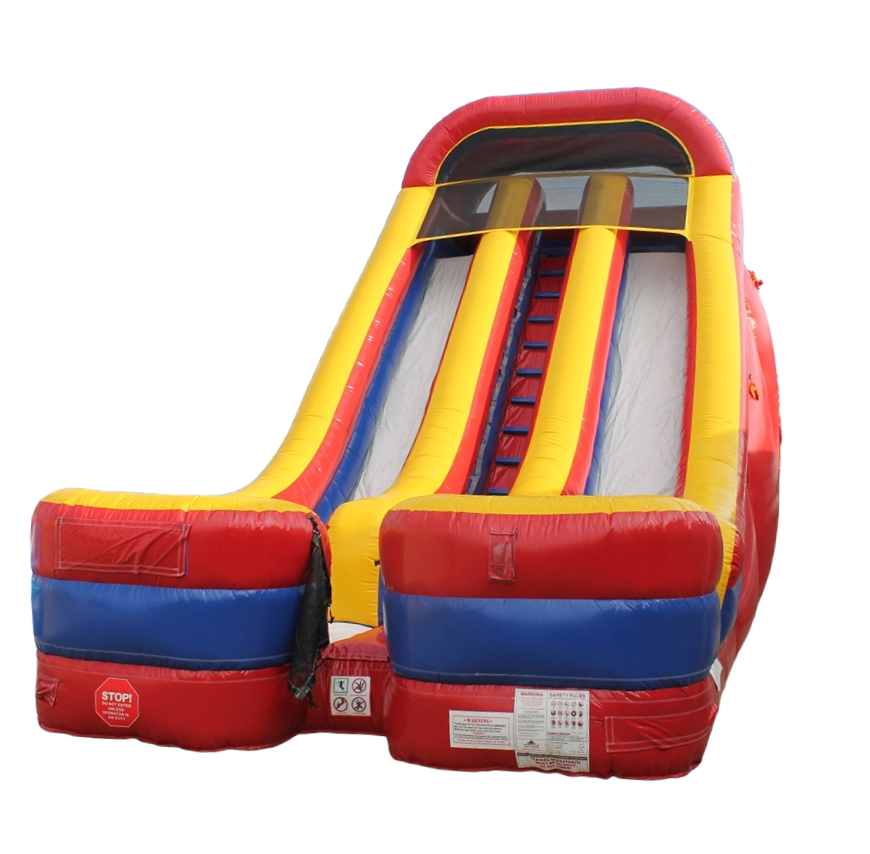 A red, yellow and blue inflatable slide on a white background