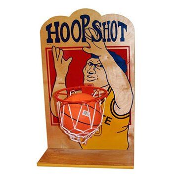 A wooden hoop shot game with a basketball going through the net