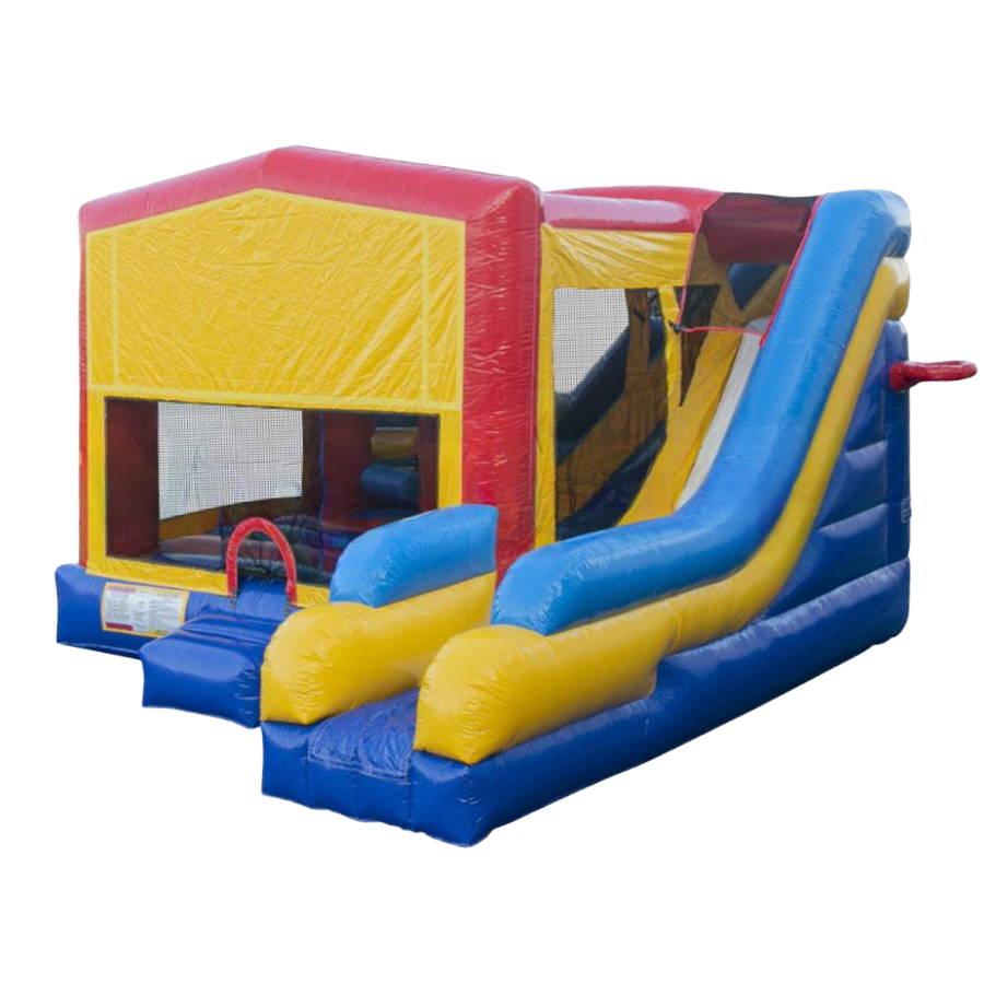 A colorful bouncy house with a slide.