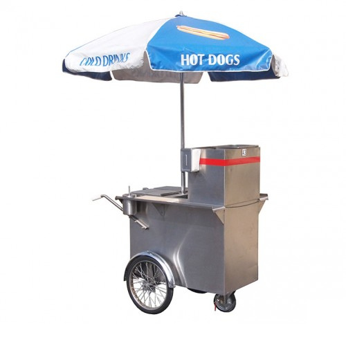 A hot dog cart with a blue and white umbrella.