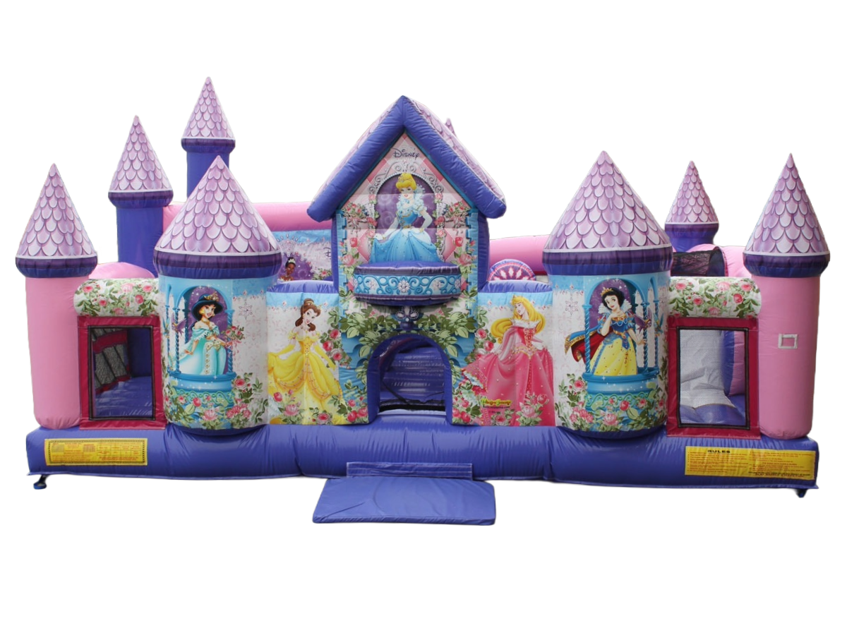 A pink and purple bouncy castle with princesses on it
