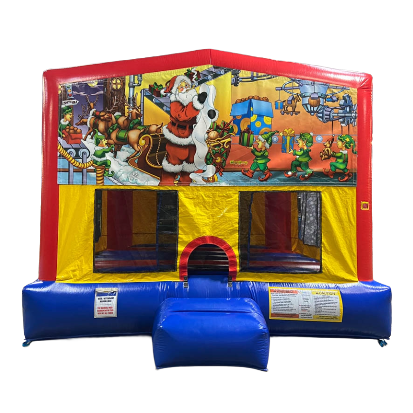 A bouncy house with a picture of Santa Claus on it.