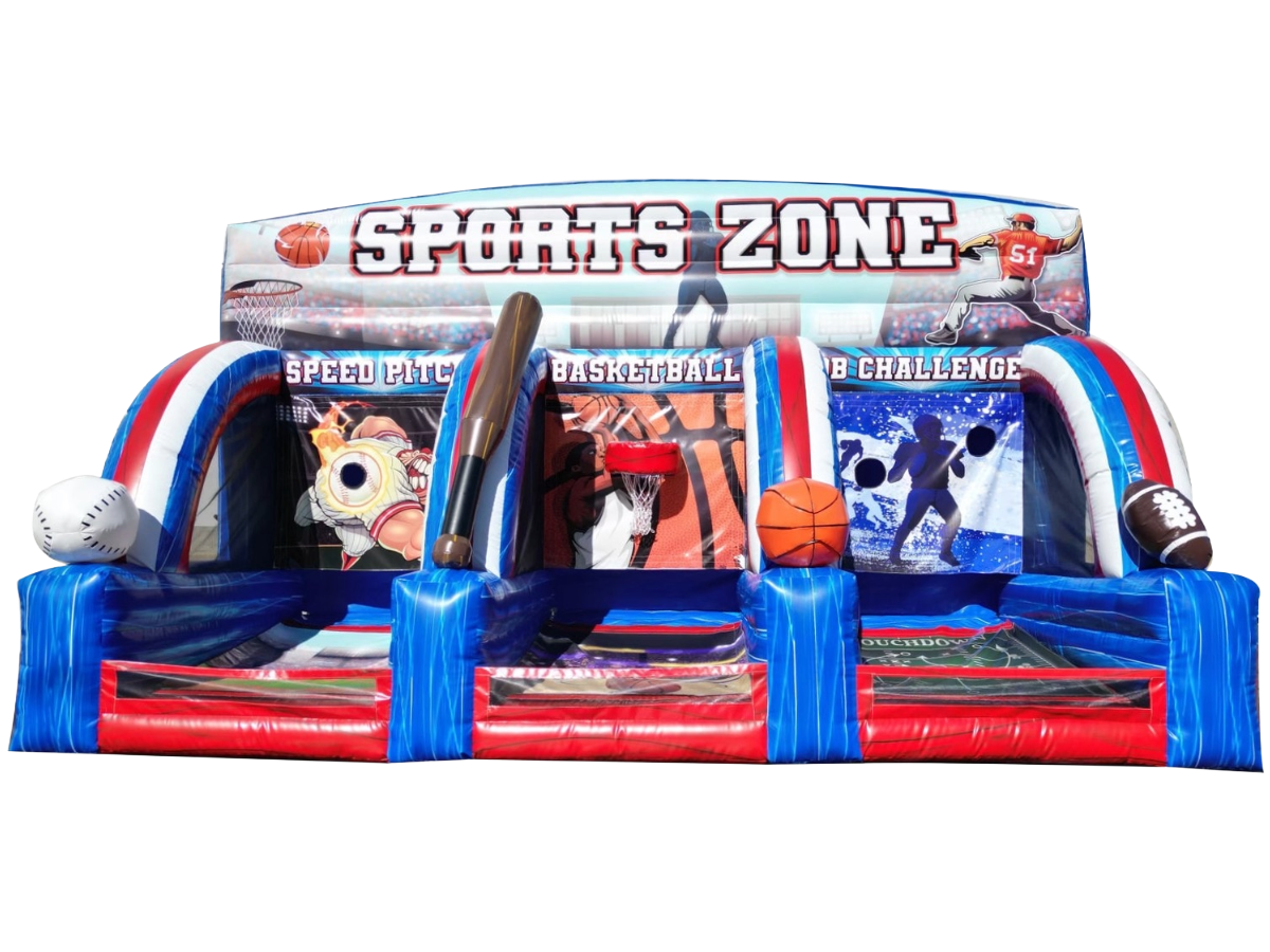 Sports Zone – an inflatable sports game: Speed Pitch (Baseball), Basketball, and QB Challenge (Football).