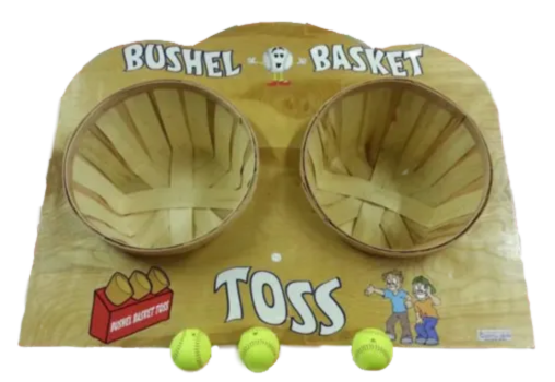 Bushel basket toss game with two baskets and three tennis balls