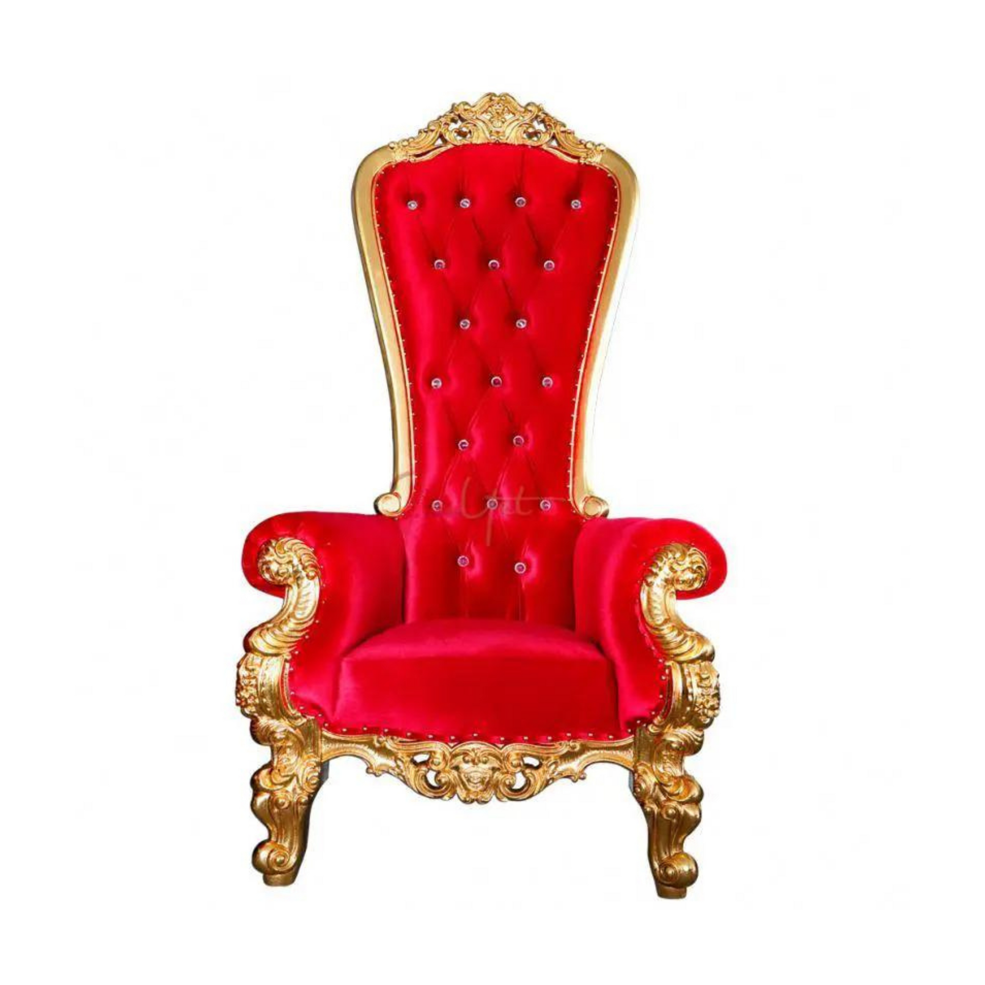 A red and gold throne chair on a white background.