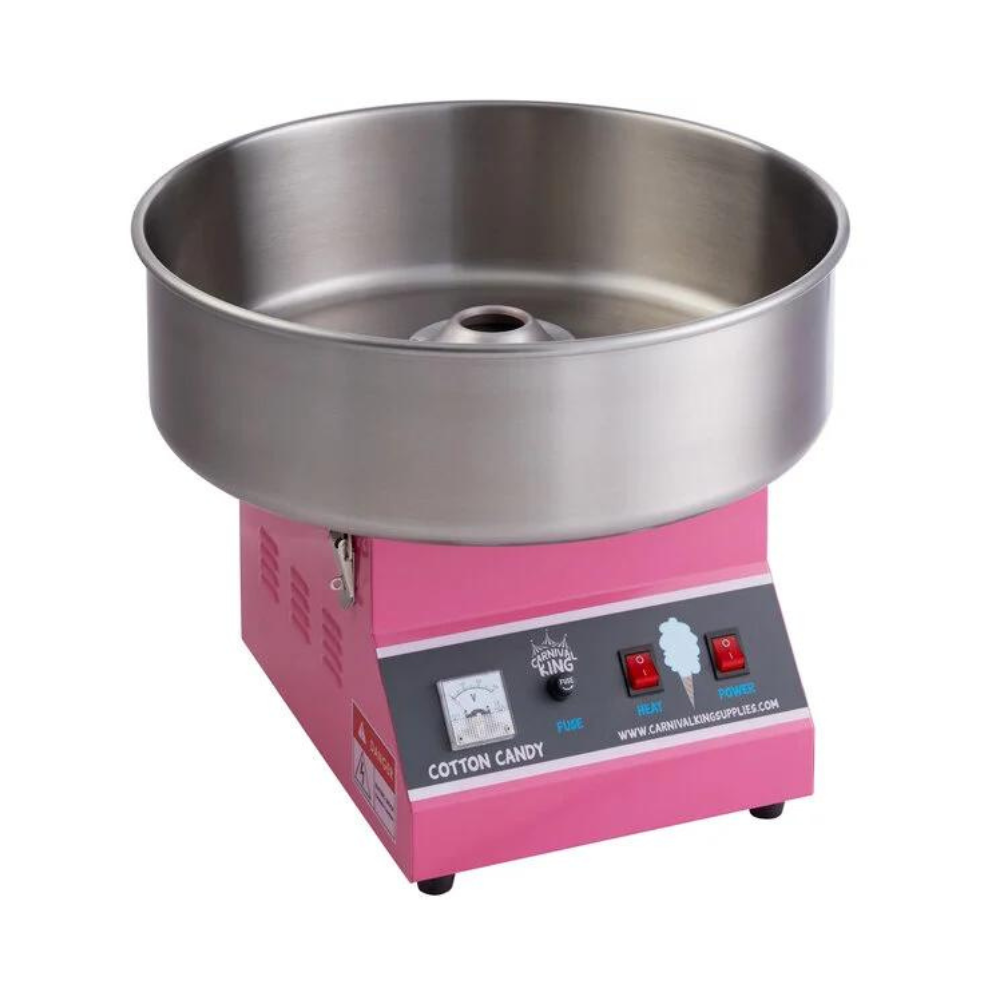 A pink and stainless steel cotton candy machine on a white background.