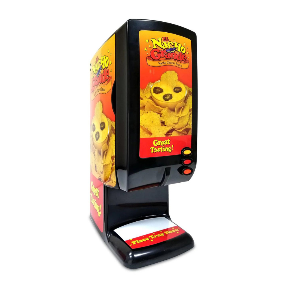 A nacho cheese dispenser that says good tasting on it