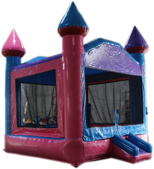 A pink and blue bouncy castle with stairs