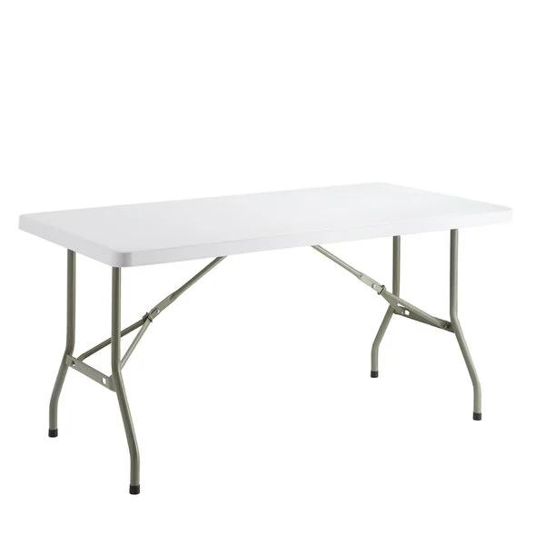 A white folding table with metal legs on a white background