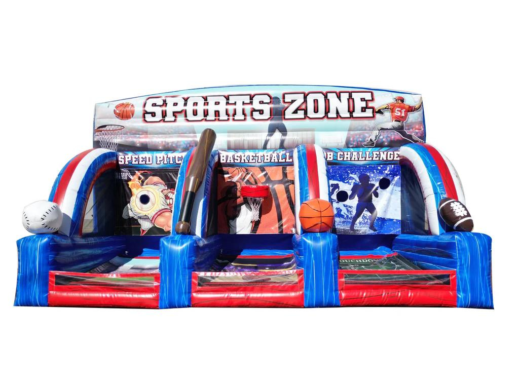 A large inflatable sports zone with basketball , baseball , and football.