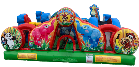 A large inflatable bouncy house with animals on it.