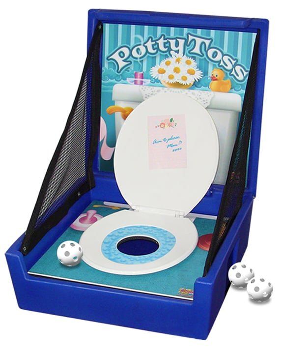 A potty toss game with a toilet in it