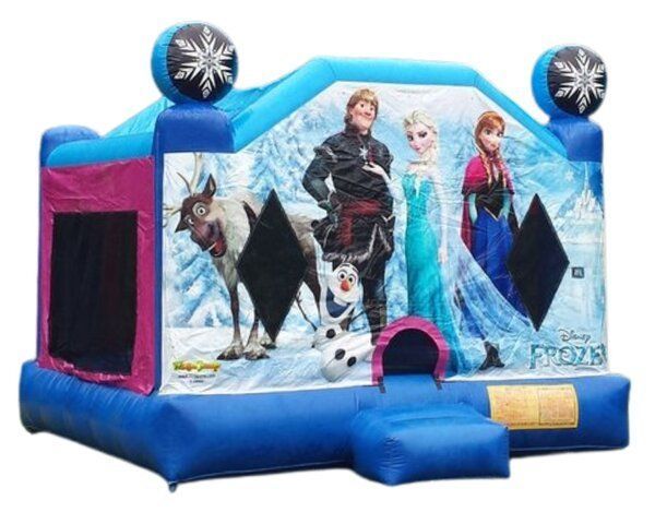 A bouncy house with a picture of frozen characters on it