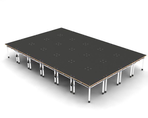 A 3d model of a stage with a black top and white legs on a white background.