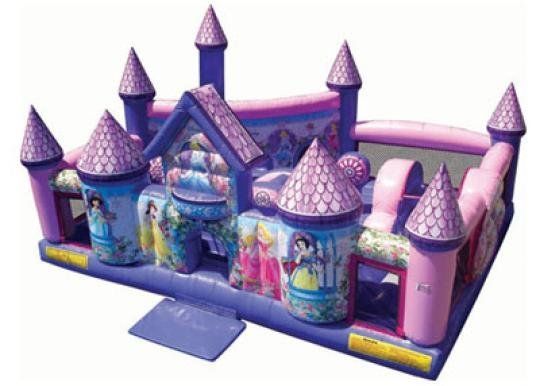 A pink and purple bouncy castle with princesses on it