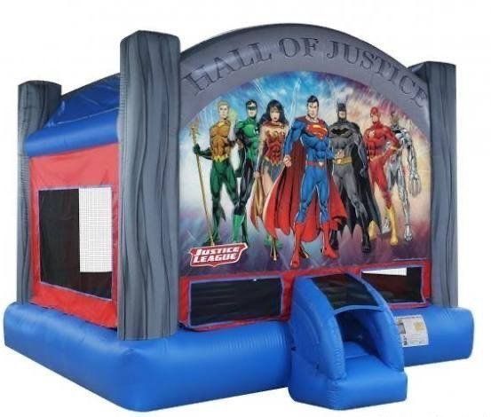 A bouncy house with a picture of the justice league on it