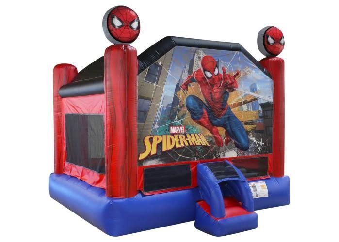 A bouncy house with a picture of spider man on it.