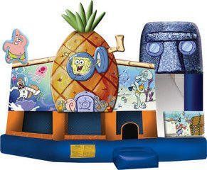 A bouncy house shaped like a pineapple with spongebob and patrick on it.